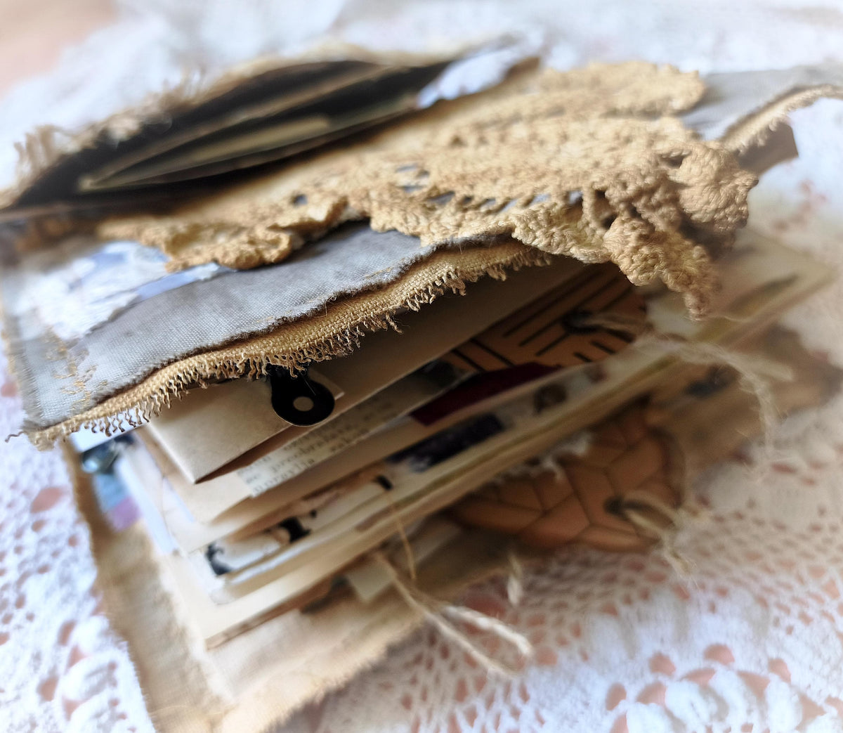 Handmade Textile Artist Book — Linen, Lace & Antique Ephemera