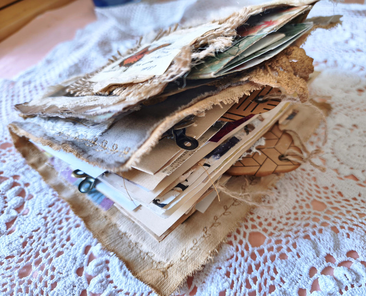 Handmade Textile Artist Book — Linen, Lace & Antique Ephemera