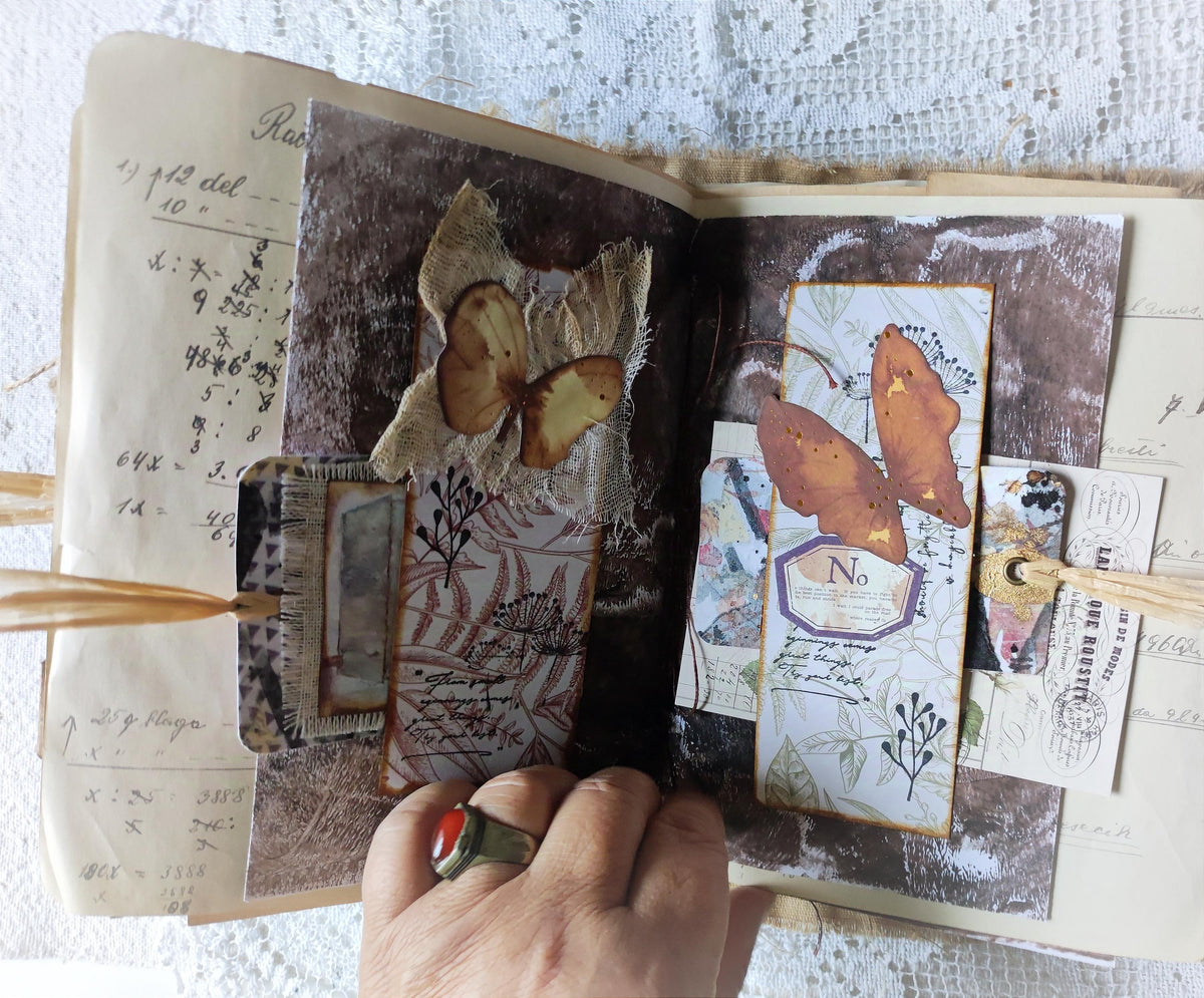 Handmade Linen Junk Journal: Vintage Lace Diary, Grungy Art Book