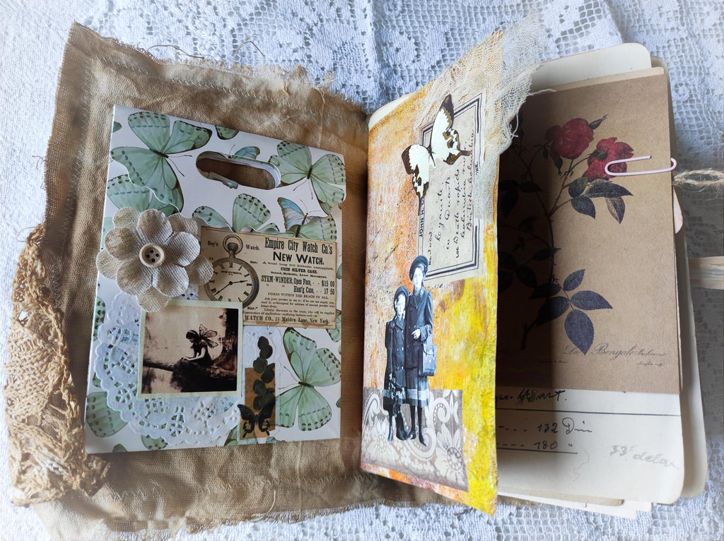 Handmade Linen Junk Journal: Vintage Lace Diary, Grungy Art Book