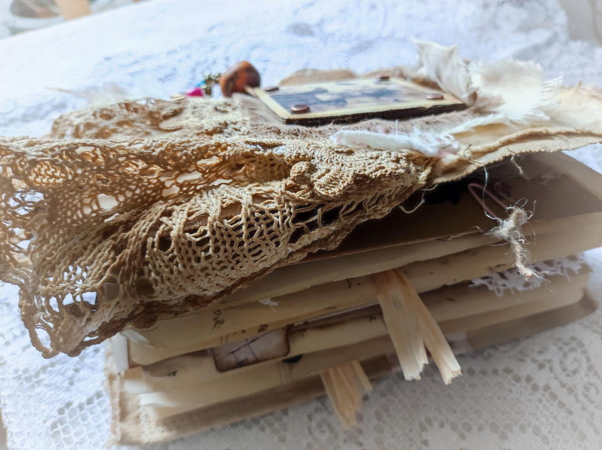 Handmade Linen Junk Journal: Vintage Lace Diary, Grungy Art Book
