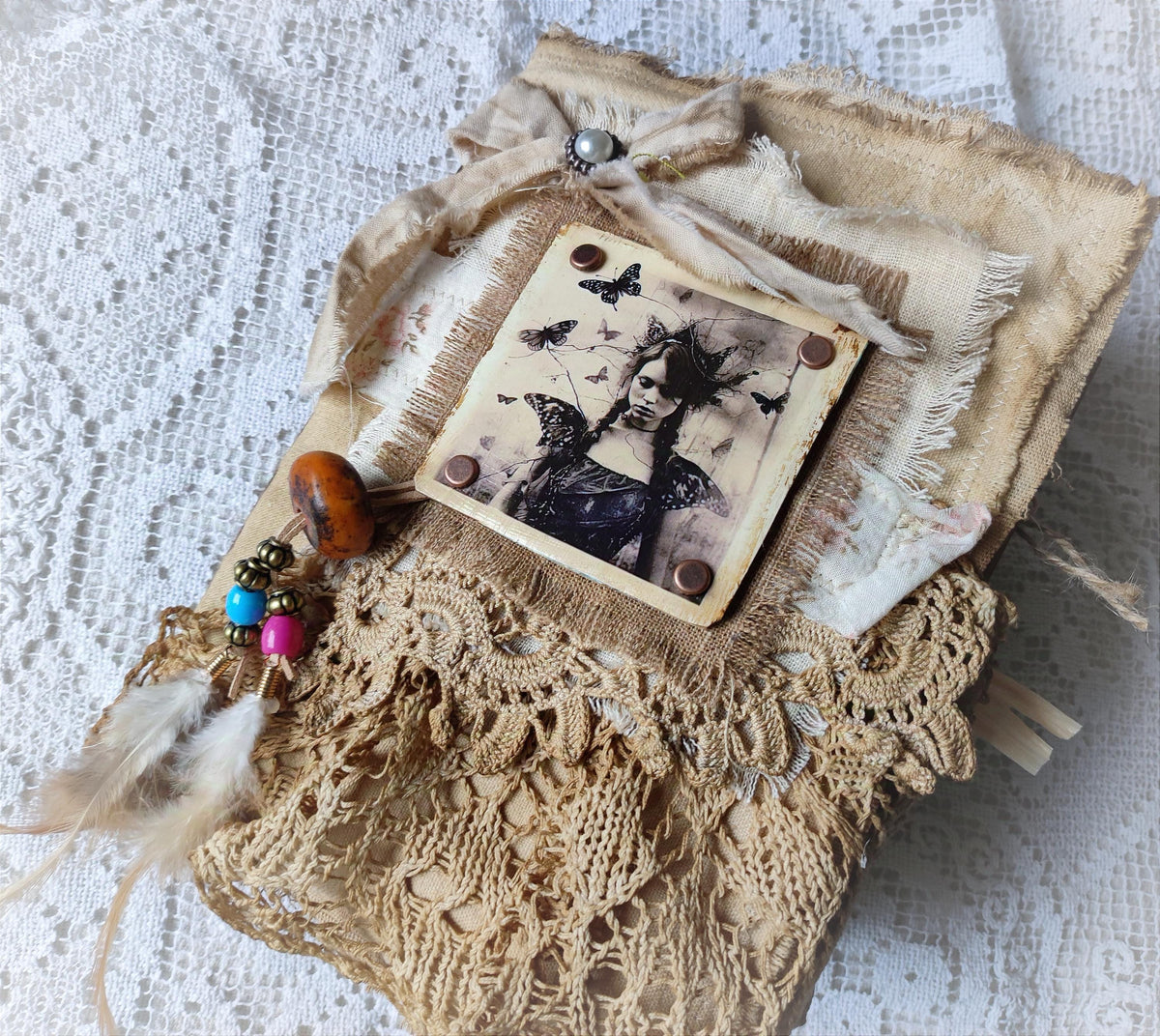 Handmade Linen Junk Journal: Vintage Lace Diary, Grungy Art Book