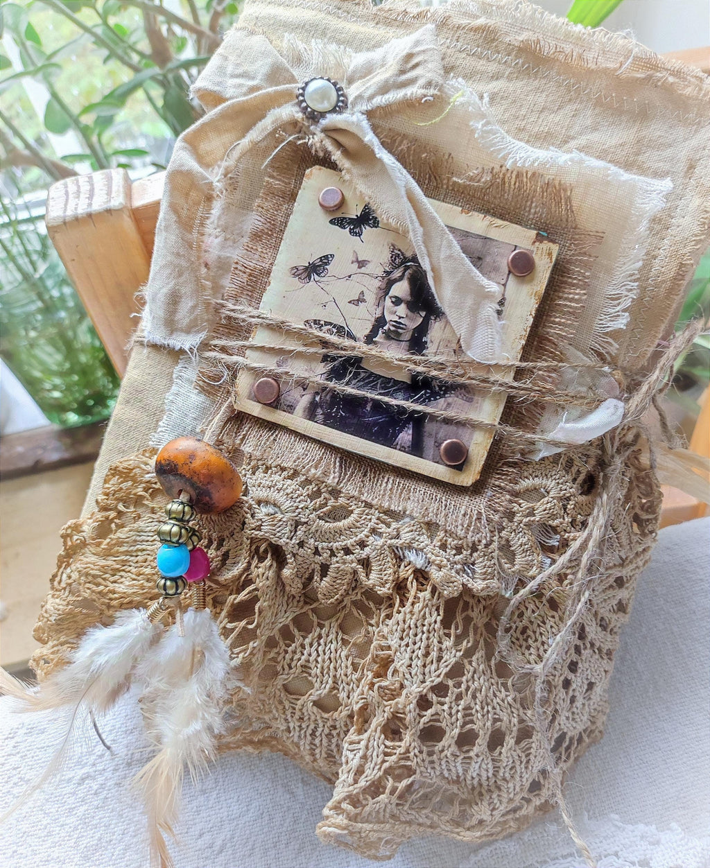 Handmade Linen Junk Journal: Vintage Lace Diary, Grungy Art Book