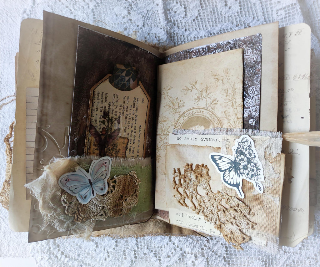 Handmade Linen Junk Journal: Vintage Lace Diary, Grungy Art Book