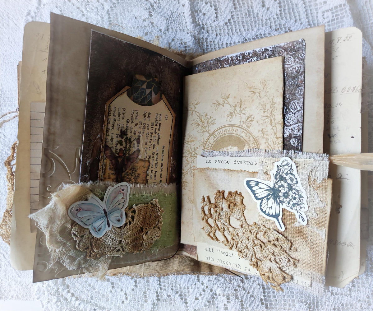 Handmade Linen Junk Journal: Vintage Lace Diary, Grungy Art Book