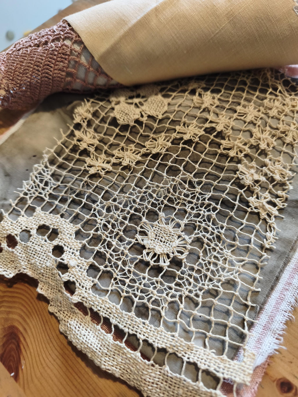 Set Linen Cotton Fabric Lace, Coffee Avocado Eco Dyed Pieces