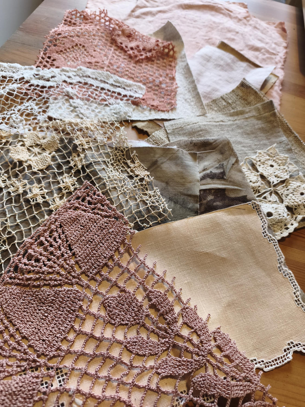 Set Linen Cotton Fabric Lace, Coffee Avocado Eco Dyed Pieces