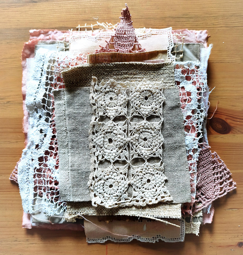 Set Linen Cotton Fabric Lace, Coffee Avocado Eco Dyed Pieces