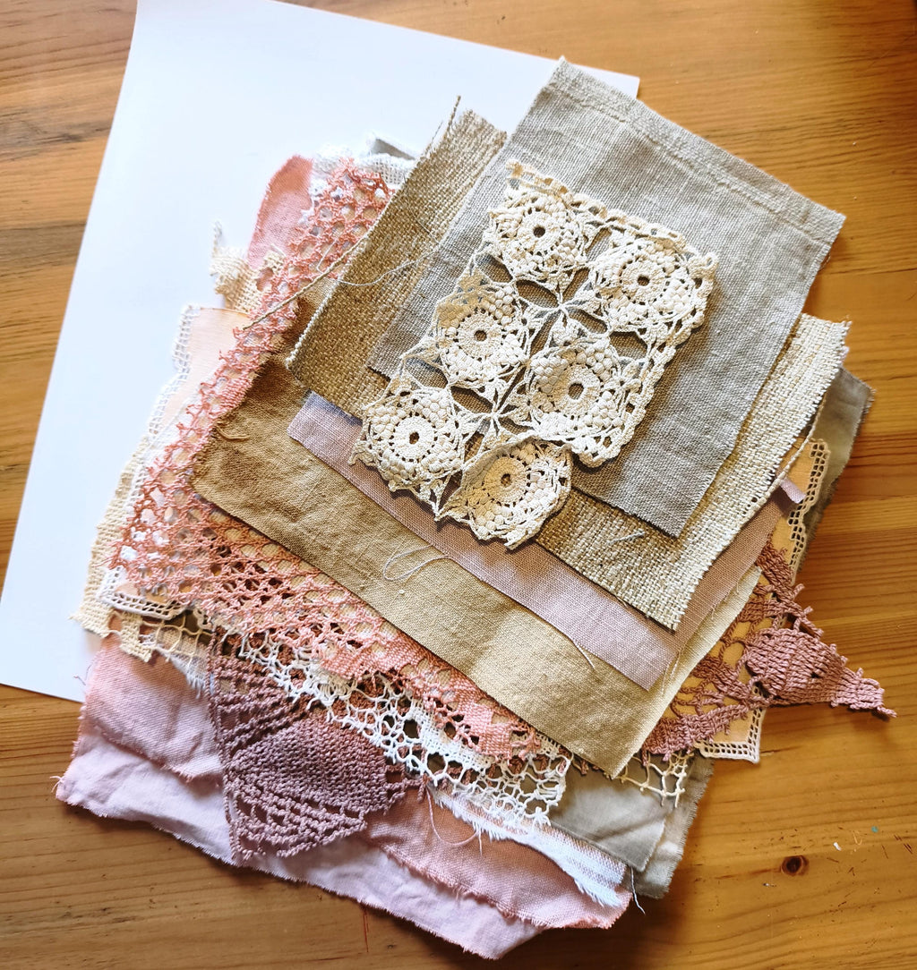 Set Linen Cotton Fabric Lace, Coffee Avocado Eco Dyed Pieces