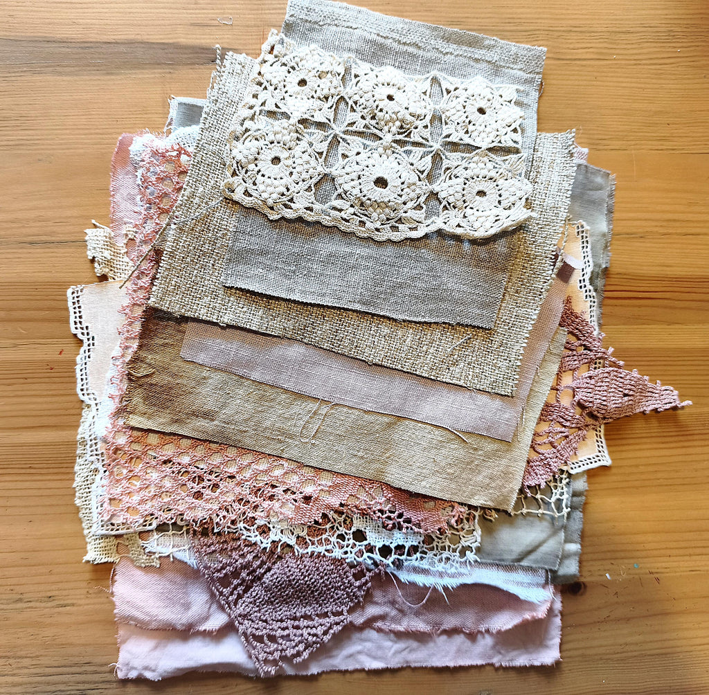 Set Linen Cotton Fabric Lace, Coffee Avocado Eco Dyed Pieces