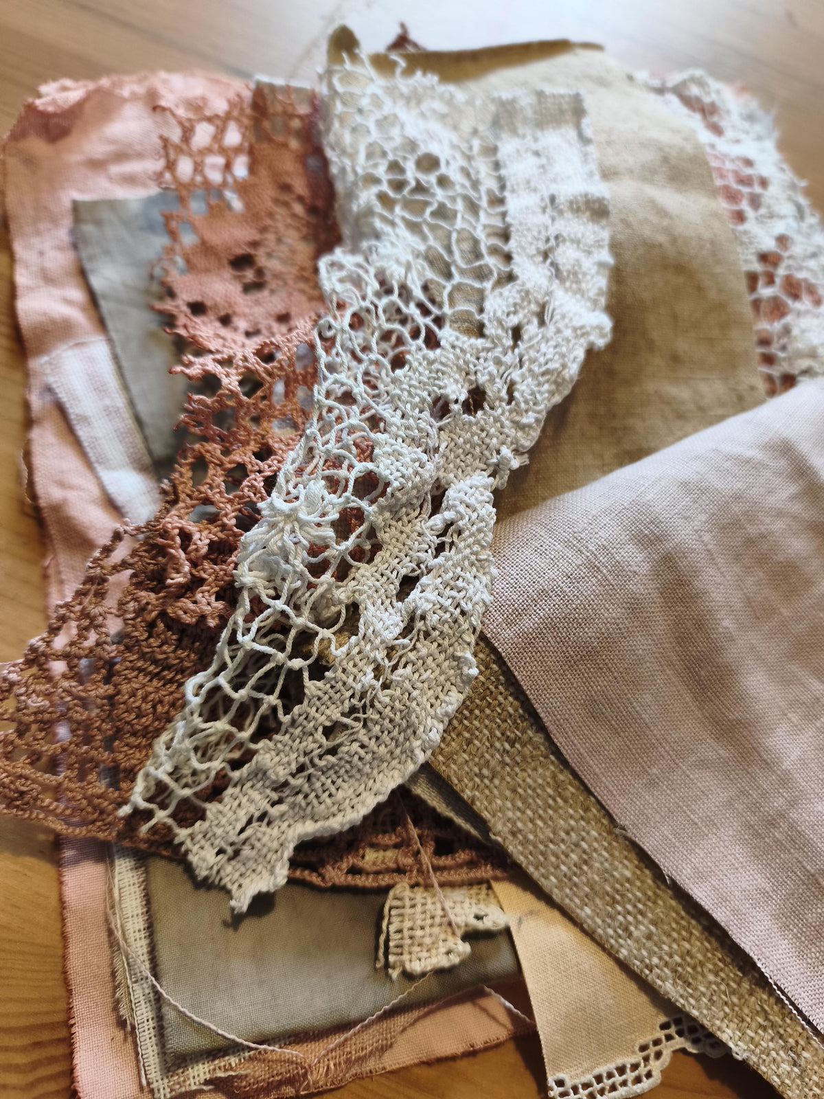 Set Linen Cotton Fabric Lace, Coffee Avocado Eco Dyed Pieces