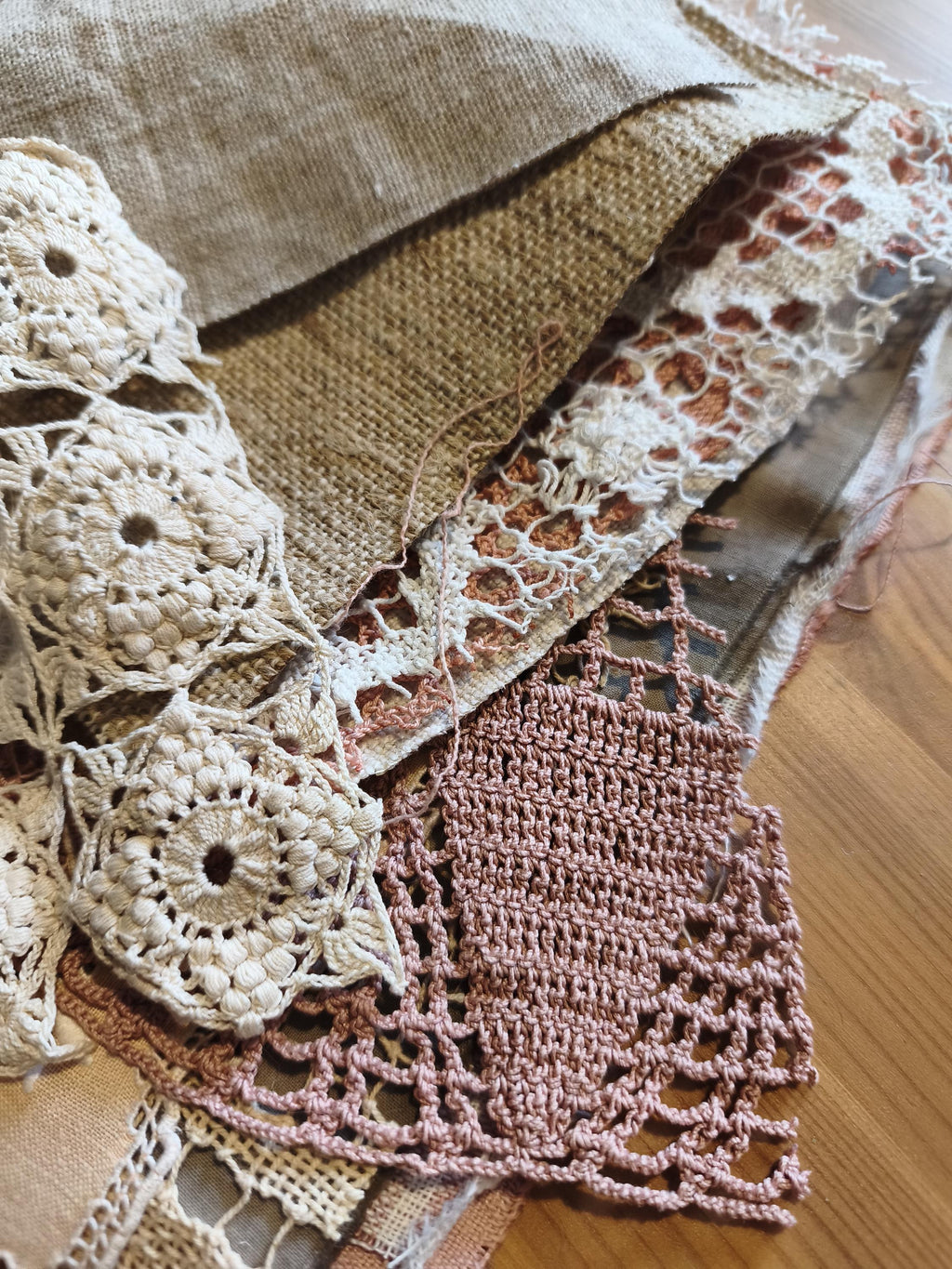 Set Linen Cotton Fabric Lace, Coffee Avocado Eco Dyed Pieces