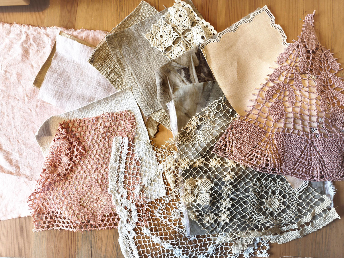 Set Linen Cotton Fabric Lace, Coffee Avocado Eco Dyed Pieces