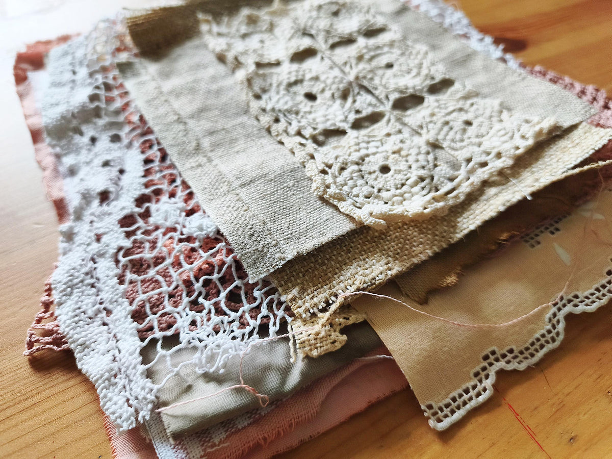 Set Linen Cotton Fabric Lace, Coffee Avocado Eco Dyed Pieces