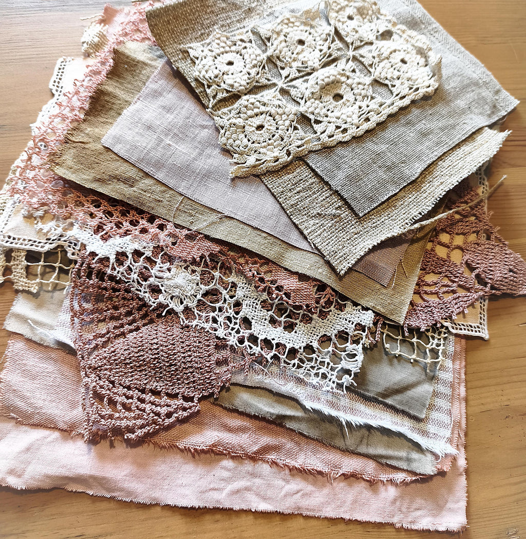 Set Linen Cotton Fabric Lace, Coffee Avocado Eco Dyed Pieces