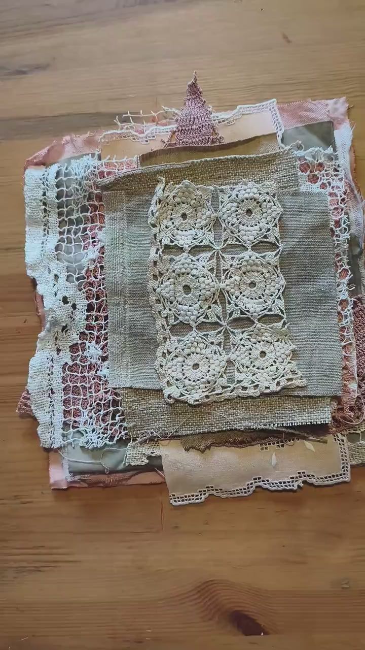 Set Linen Cotton Fabric Lace, Coffee Avocado Eco Dyed Pieces