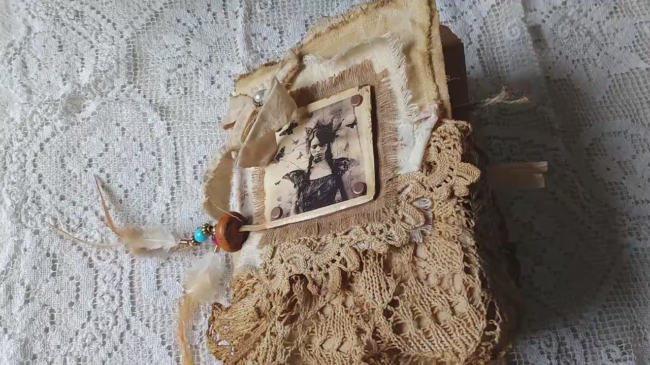 Handmade Linen Junk Journal: Vintage Lace Diary, Grungy Art Book